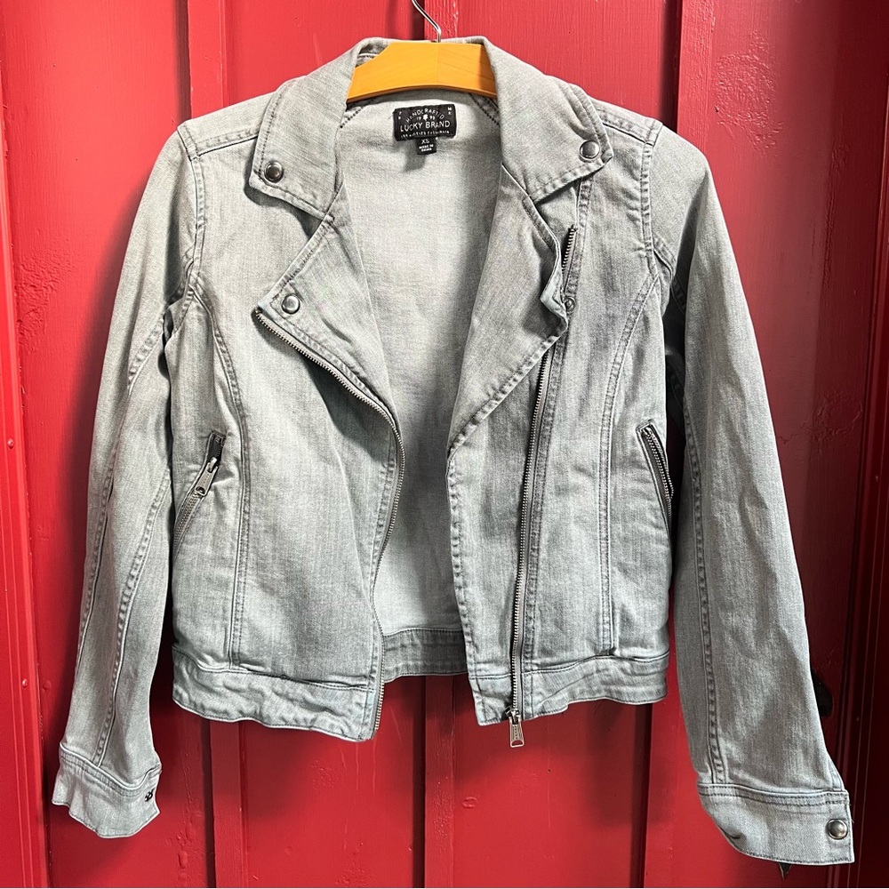 Lucky Brand grey denim moto style jacket! Amazing condition! Lucky is sweet!